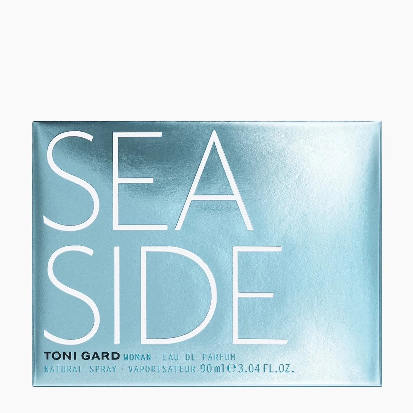 Blue perfume box with white text 'SEA SIDE' by Toni Gard, Eau de Parfum.