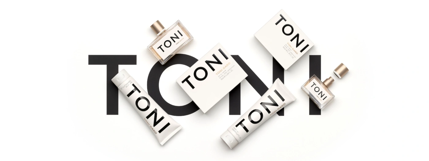 Produktwerbung mit Parfüm, Lotion und Verpackungen mit dem Schriftzug TONI GARD.
