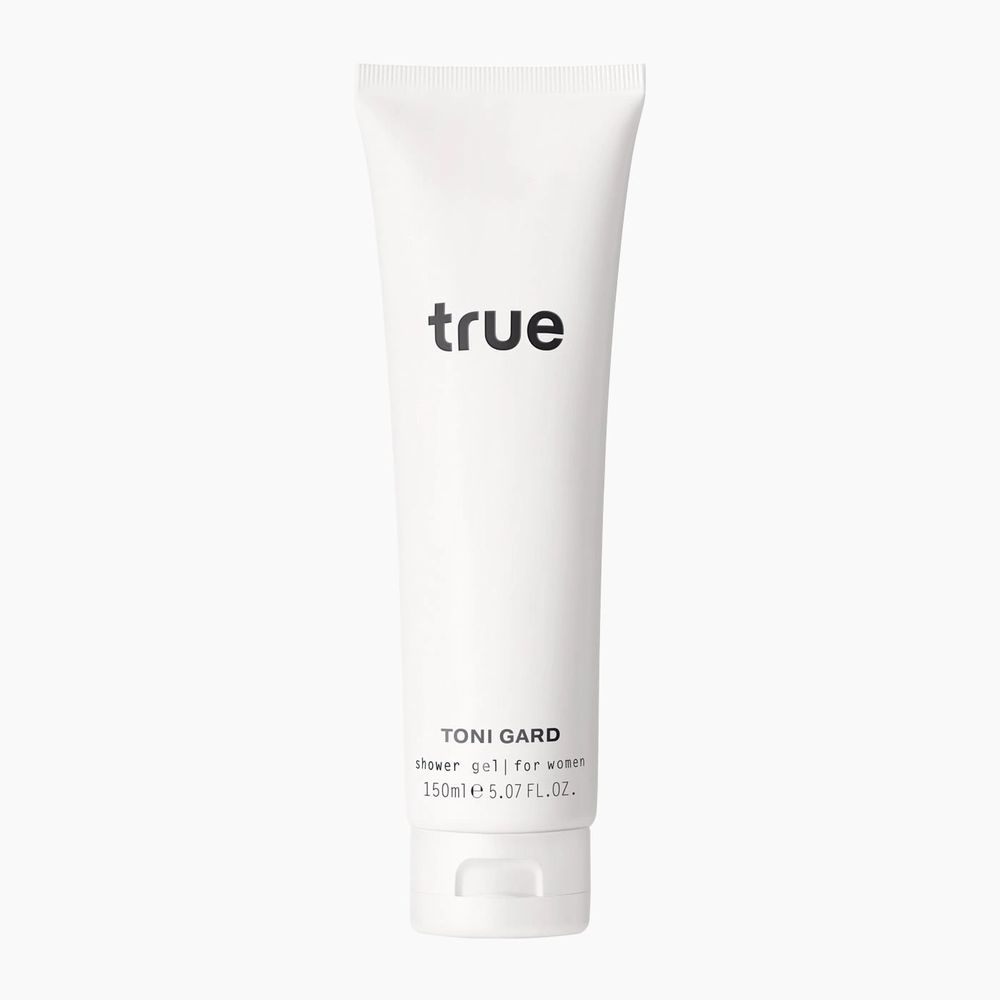 Weiße Tube mit schwarzem Text 'true' und 'TONI GARD' Duschgel für Frauen.