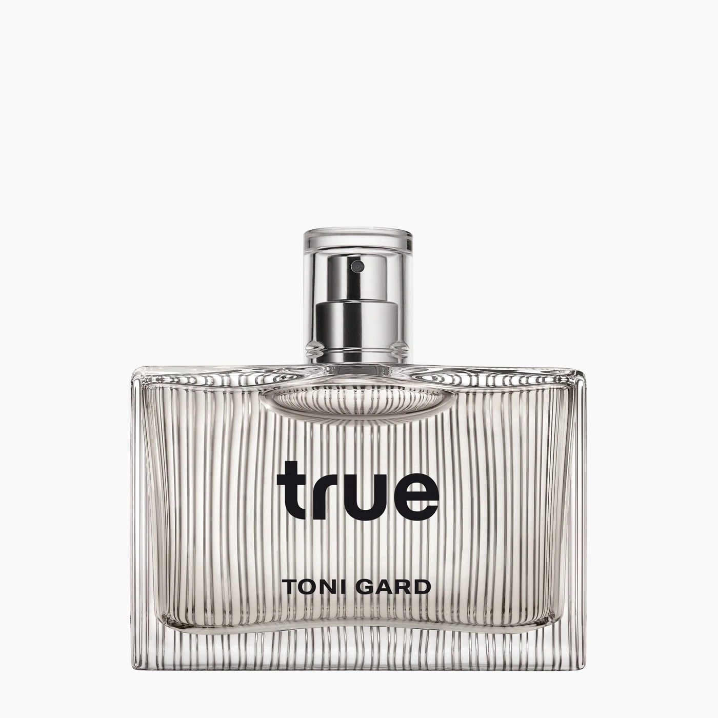 Parfümflasche mit dem Wort 'true' und dem Namen 'TONI GARD' auf weißem Hintergrund.