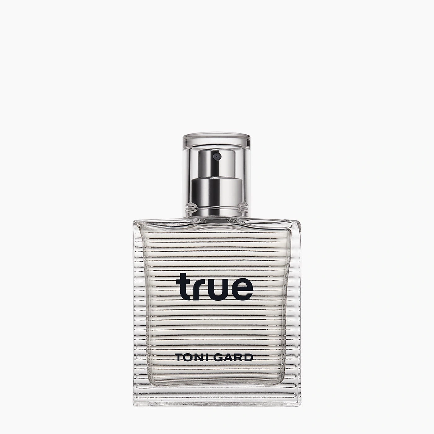Parfümflasche mit dem Wort 'true' und 'TONI GARD' auf weißem Hintergrund.