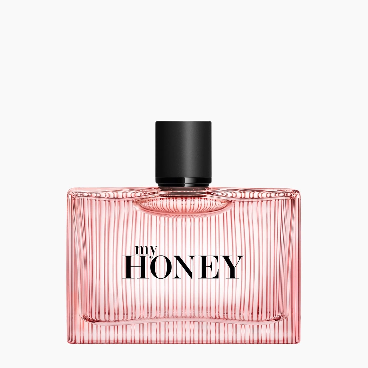Rosa Parfümflasche mit schwarzem Deckel, "my HONEY" Schriftzug.
