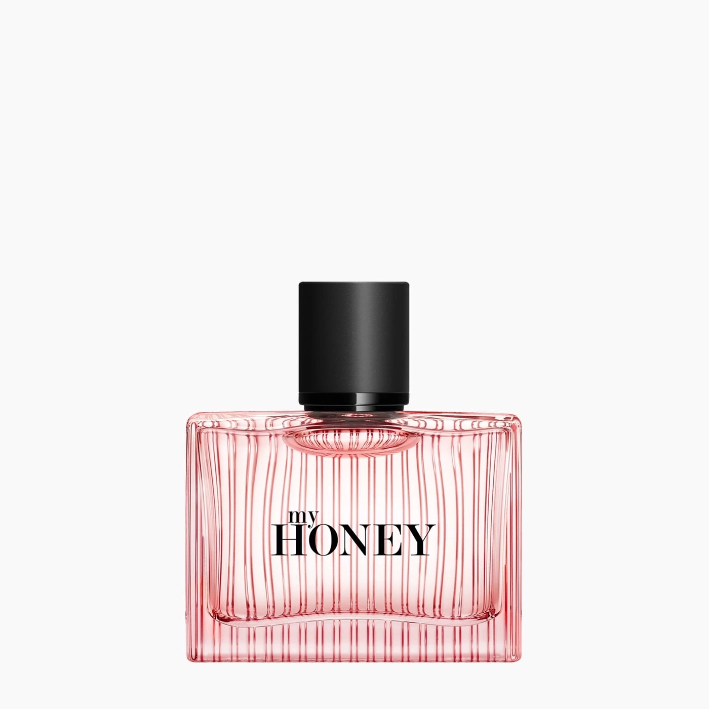 Rosa Parfümflasche mit schwarzem Deckel, "my HONEY" Schriftzug, quadratische Form, vertikale Linien.