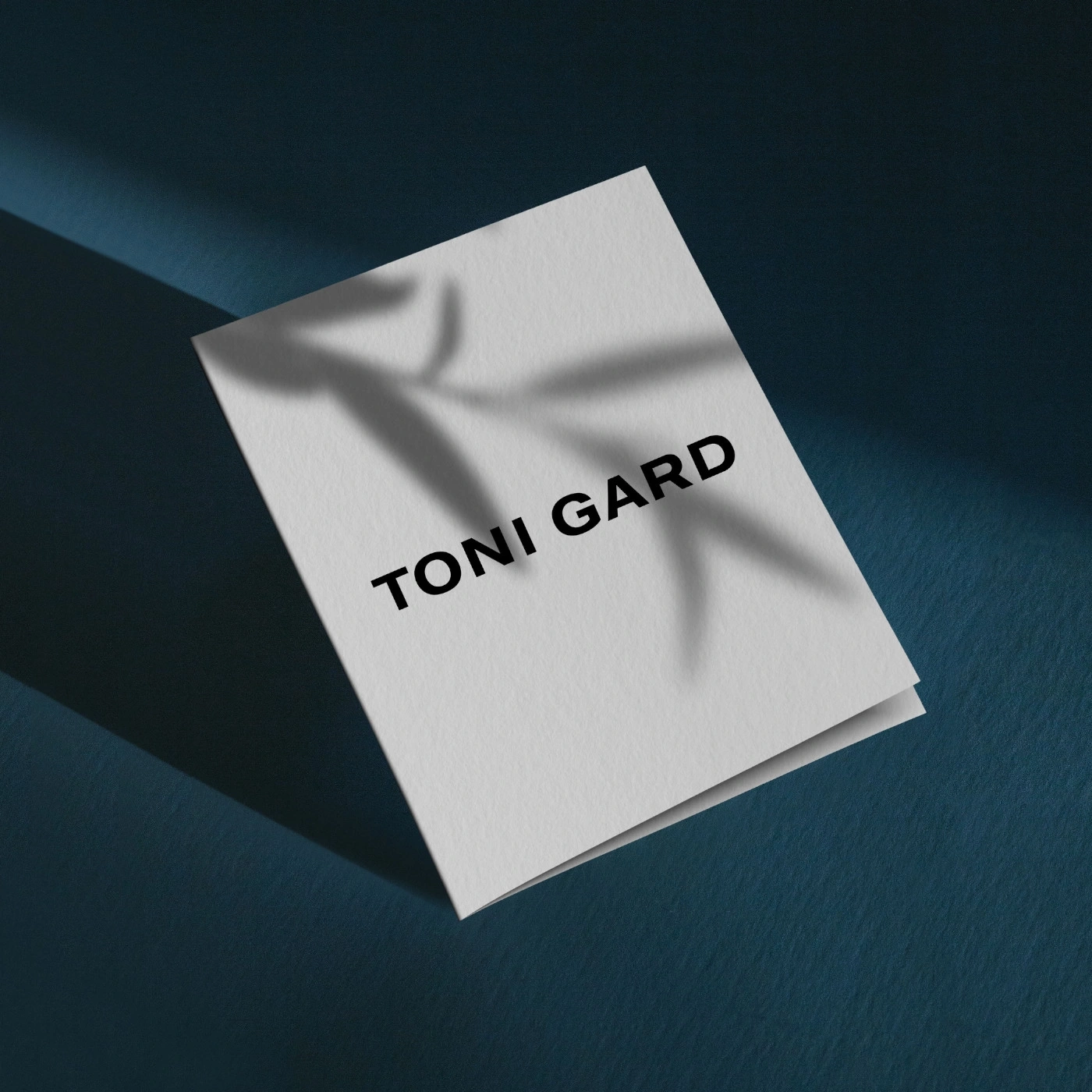 Business card with the text TONI GARD on a blue background with shadows