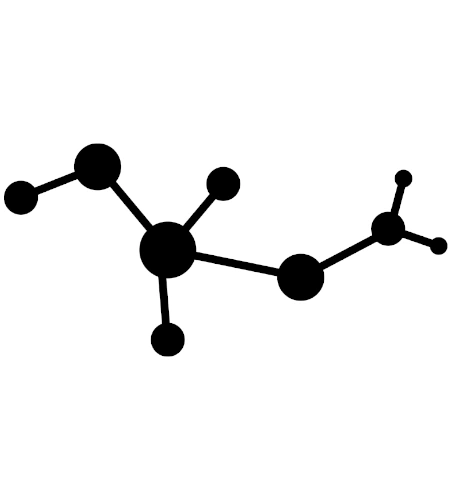 Molekülstruktur mit Atomen und Bindungen, schwarz auf weißem Hintergrund