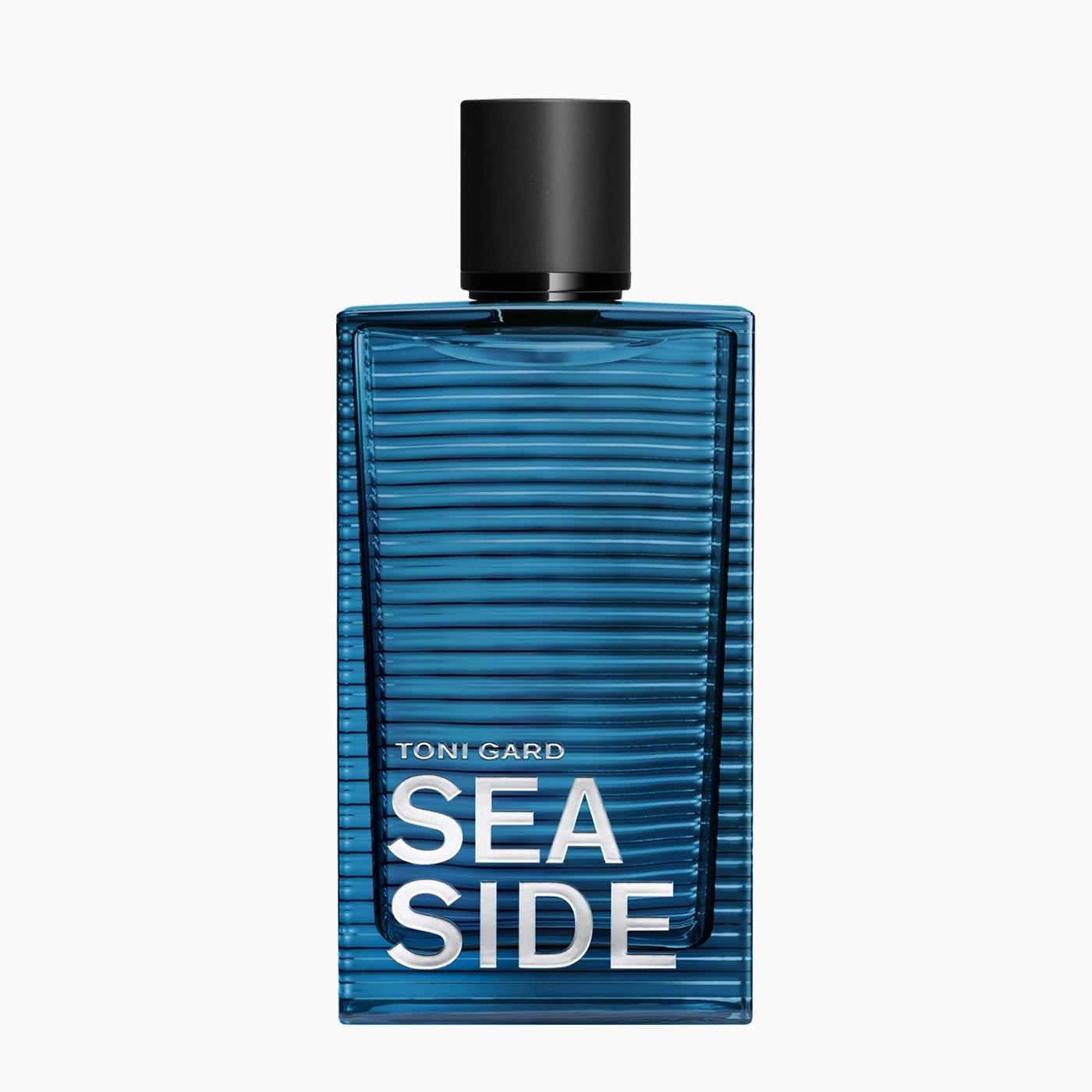 Blue perfume bottle with black cap, SEA SIDE lettering on the front