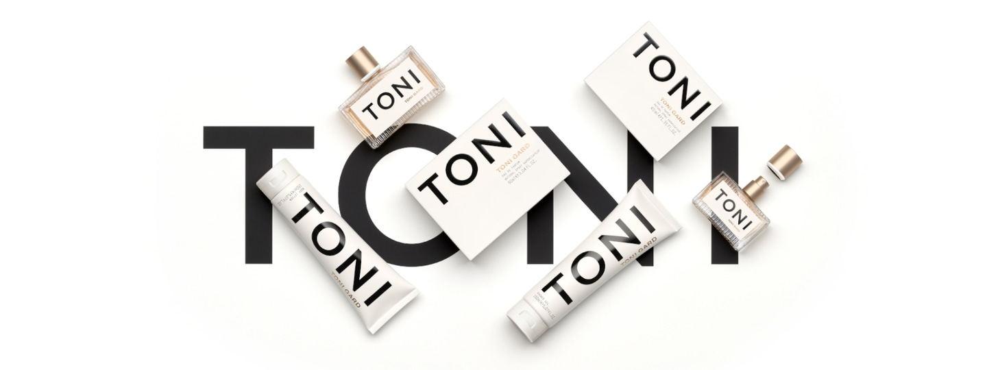 Produktwerbung mit Parfüm, Lotion und Verpackungen mit dem Schriftzug TONI GARD.