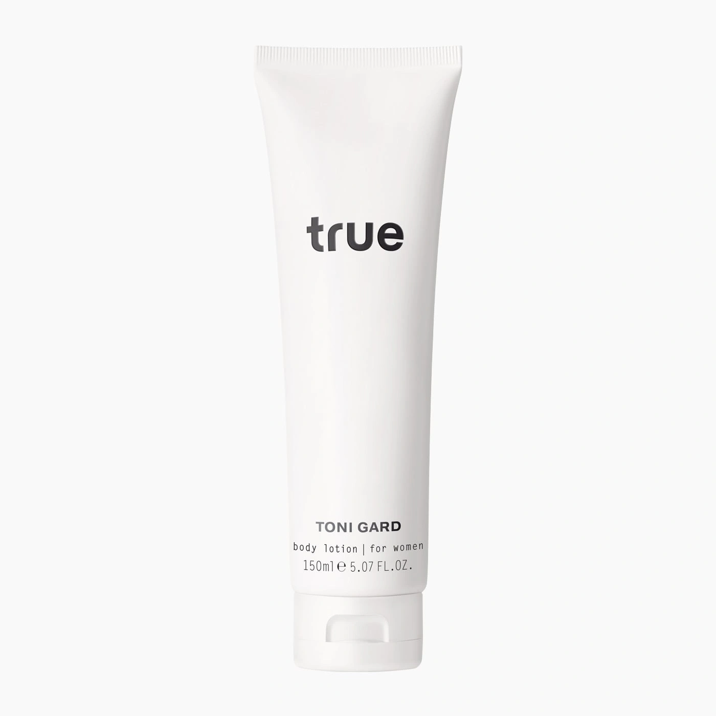 Weiße Tube mit der Aufschrift 'true' und 'TONI GARD' Bodylotion für Frauen.