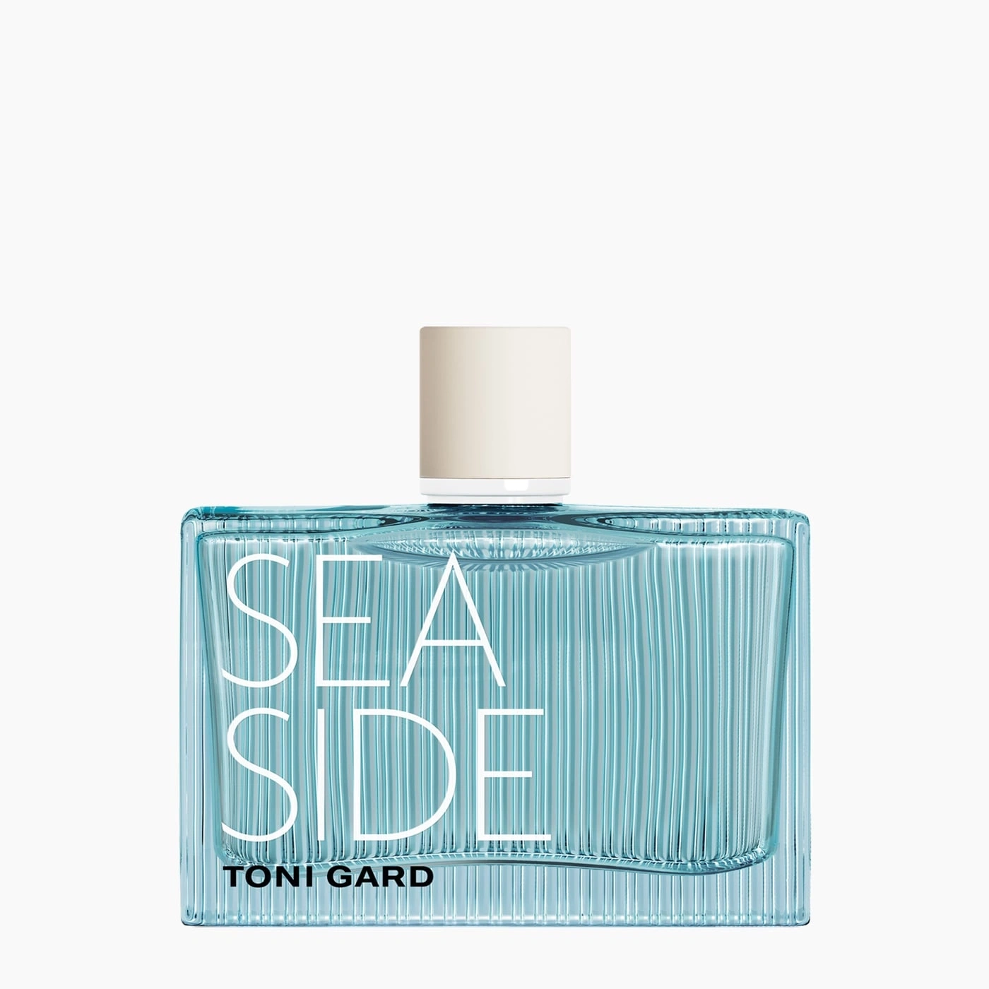 Perfume bottle with "SEASIDE" by Toni Gard, blue glass, white cap, isolated
