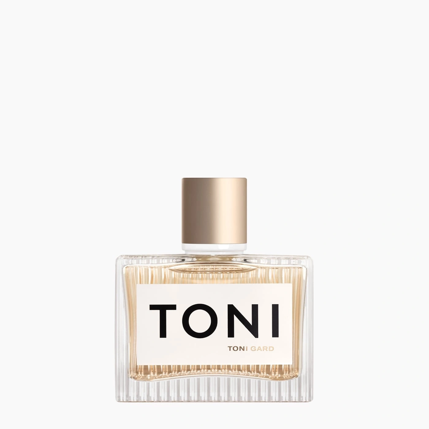 Toni Gard perfume bottle, square, golden cap, white label, fragrance