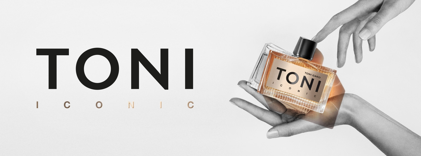 Toni Iconic perfume, hands holding bottle, minimalist design, elegant product, advertisement