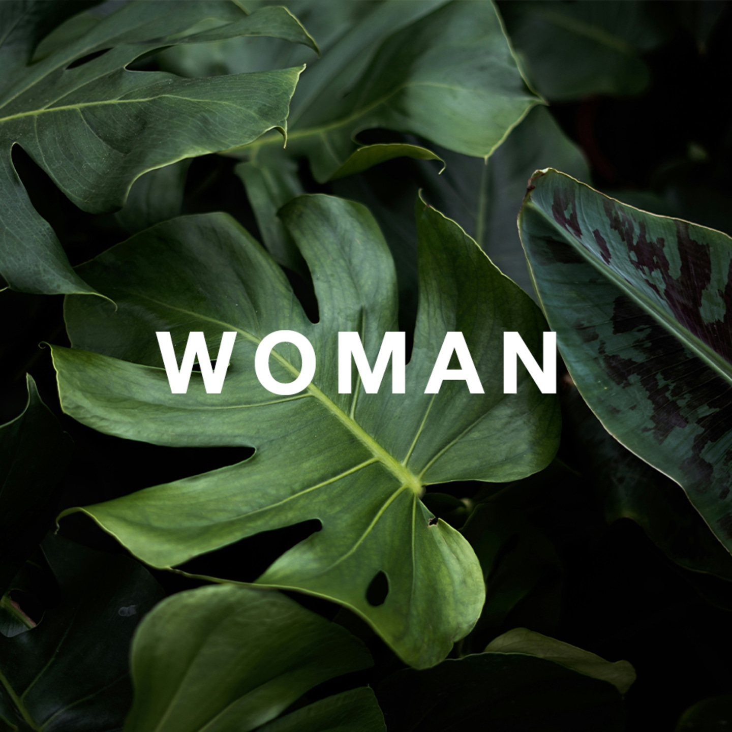 Green leaves with the word 'WOMAN' in white letters.