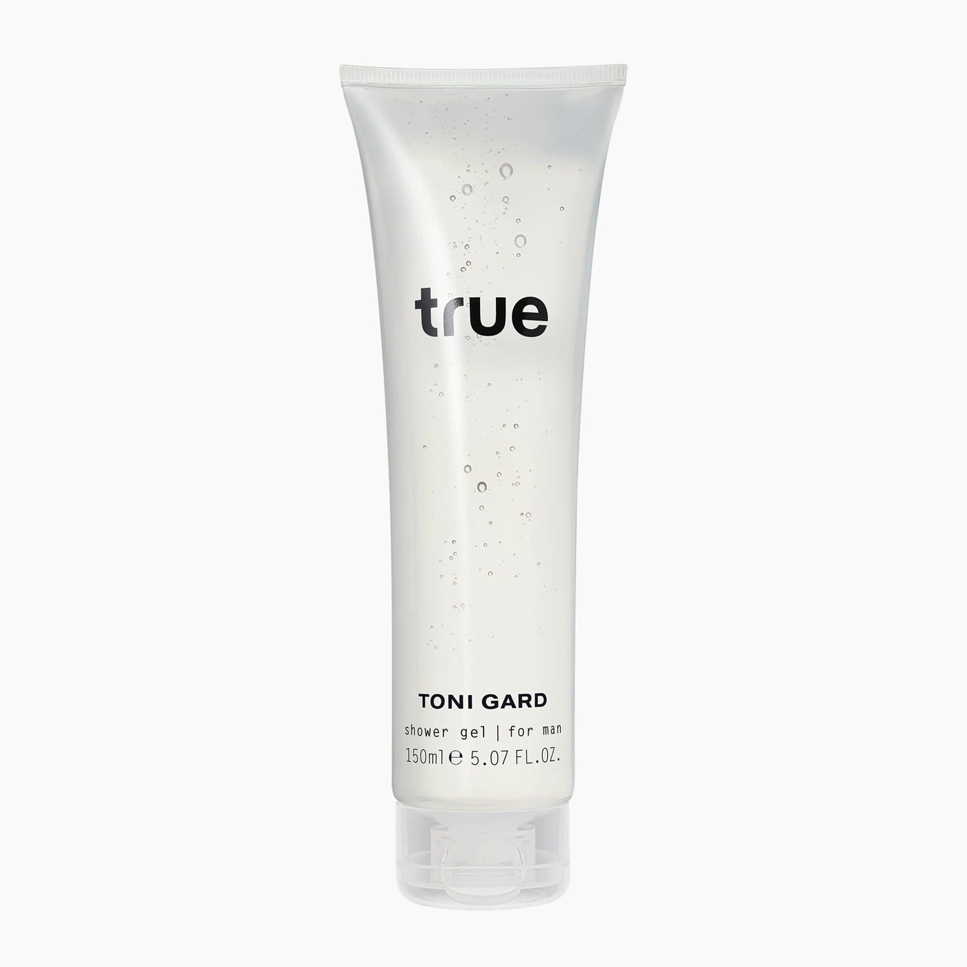 Duschgel-Tube mit der Aufschrift "true" und "TONI GARD" für Männer.