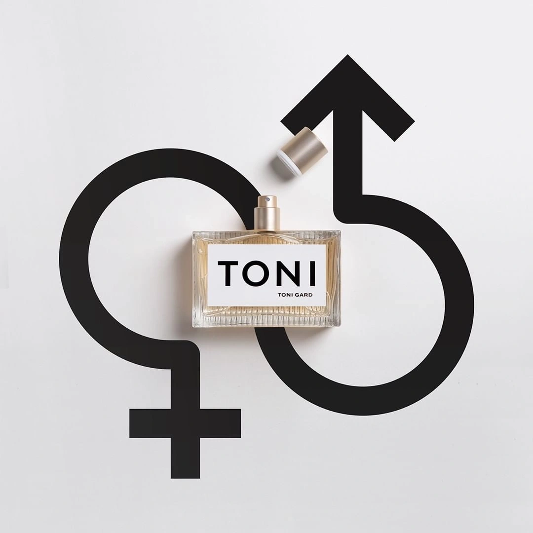 Parfümflasche mit Logo TONI und Symbolen für Mann und Frau auf weißem Hintergrund.