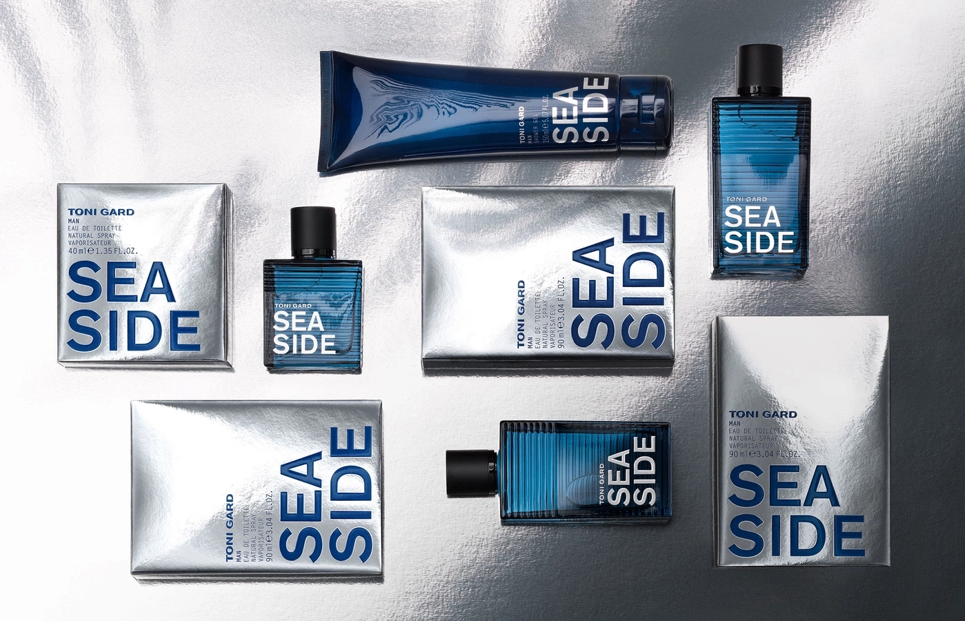 Toni Gard Seaside products: perfume, shower gel, eau de toilette, packaging, bottles, blue, silver