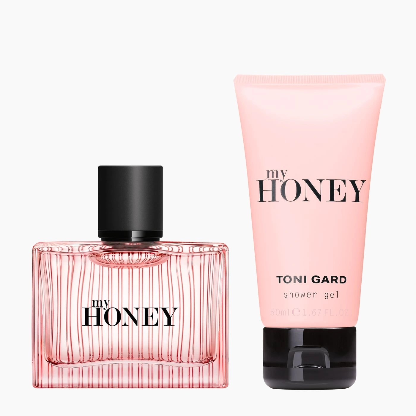 Pink perfume bottle and shower gel with the print "my HONEY".