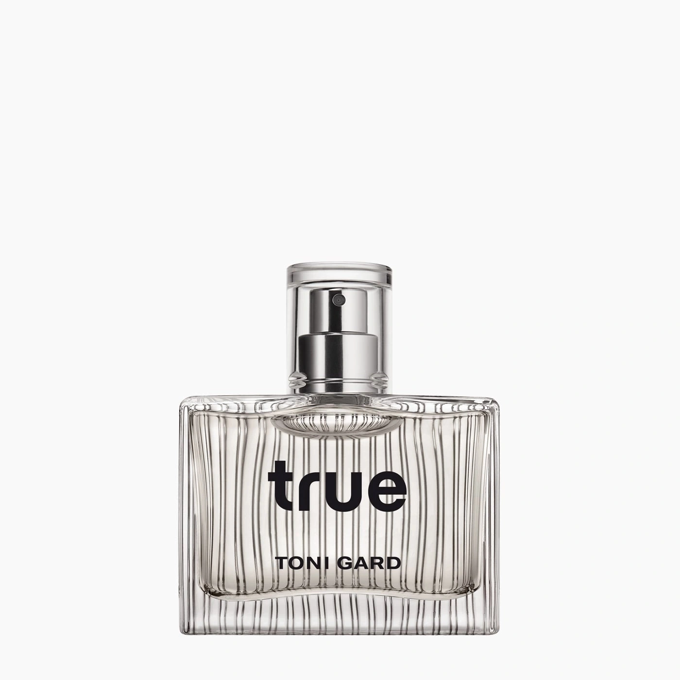 Parfümflasche mit dem Wort 'true' und dem Namen 'TONI GARD' auf weißem Hintergrund.